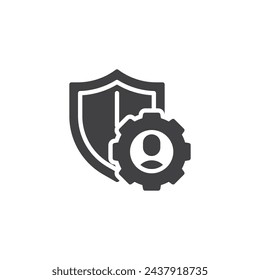 Persona con escudo y un icono de vector de engranaje. signo plano relleno para concepto móvil y diseño web. Icono de glifo experto en ciberseguridad. Símbolo, ilustración del logotipo. Gráficos vectoriales