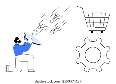 A person shields against three missiles labeled DDoS targeting a shopping cart and a gear symbol. Ideal for online security, cyber threats, e-commerce protection, tech defense, and digital safety