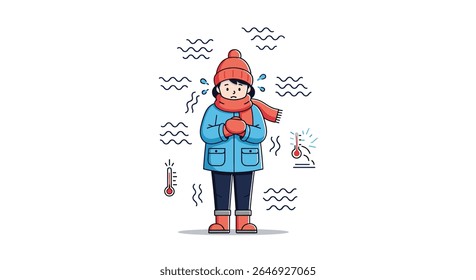 Pessoa tremendo tempo frio ao ar livre roupa de inverno quente chapéu lenço jaqueta botas ilustração