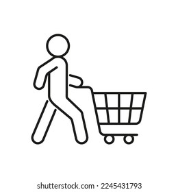 Person with shopping cart to shop, purchase on sale, line icon. Shopper, delivery sign. Vector outline illustration