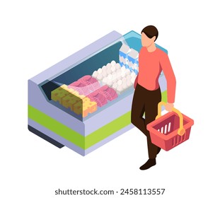 Person shopping in front of a freezer full of food, 3d isometric vector illustration on a plain background, depicting grocery shopping.