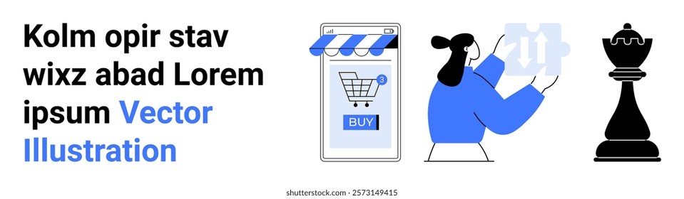 A person shopping online using a mobile app, a shopping cart icon, and a chess piece representing strategy. Ideal for e-commerce, digital shopping, strategic planning, mobile apps, retail. Banner