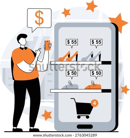 A person shopping online using a smartphone with various products displayed on the screen and a cart icon