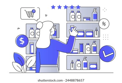 A person shopping for products on shelves, depicted in a line art style on a white background, illustrating the concept of consumer choice. Vector illustration