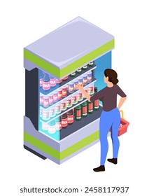 A person shopping in a supermarket aisle, reaching out for products, vector illustration on light background, isometric concept of daily life activity