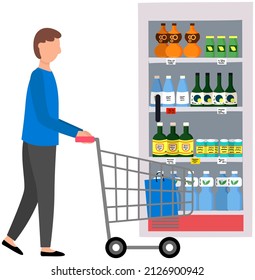 Person with shopping trolley chooses food at grocery store, supermarket. Shopping, customer in mall, retail shop concept. Cartoon character looking at fizzy drinks, lemonades in foodstuff store