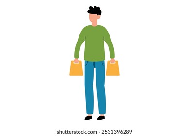 A person with short, dark hair holds yellow shopping bags, for customer in business and finance design element