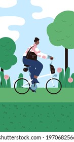 A person with shoulder bag riding a folding bicycle on the contry road on a sunny day. Trees and flowers on the background