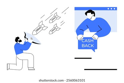 A person shouting into a megaphone which releases word-laden missiles like deals towards a figure in a computer window holding a cash back sign. Ideal for online marketing, promotions, customer