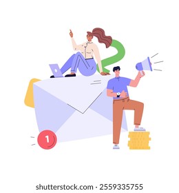 Person shouting in megaphone. Business character announcing with loudspeaker. Direct marketing. Concept of promotion, e-mail marketing, pr, email campaign. Vector illustration in flat for web banners