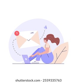 Person shouting in megaphone. Business character announcing with loudspeaker. Direct marketing. Concept of promotion, e-mail marketing, pr, email campaign. Vector illustration in flat for web banners