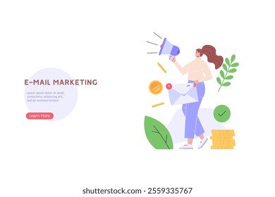 Person shouting in megaphone. Business character announcing with loudspeaker. Direct marketing. Concept of promotion, e-mail marketing, pr, email campaign. Vector illustration in flat for web banners