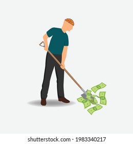 A person shovels money.
solves up money vector.