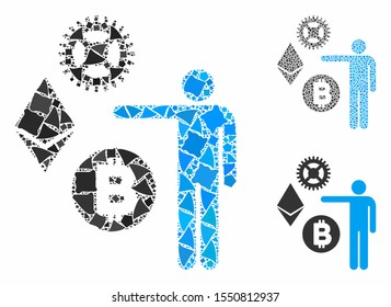 Person show cryptocurrency composition of tuberous items in different sizes and color tinges, based on person show cryptocurrency icon. Vector inequal items are organized into composition.