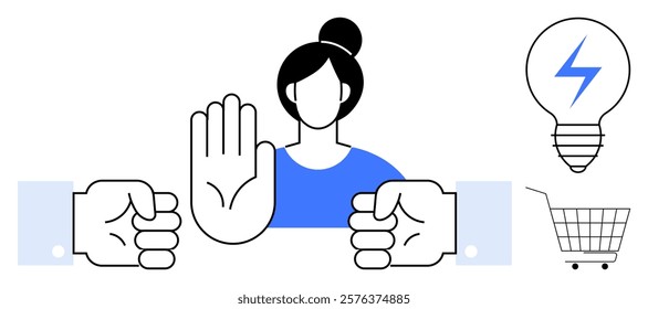 A person showcases a stop gesture with surrounding elements including a lightbulb, a shopping cart, and raised fists. Ideal for communication, caution, shopping, creativity, and conflict themes. Flat