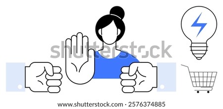 A person showcases a stop gesture with surrounding elements including a lightbulb, a shopping cart, and raised fists. Ideal for communication, caution, shopping, creativity, and conflict themes. Flat