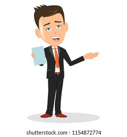 Person showing a blank paper template write message text logo product sales marketing