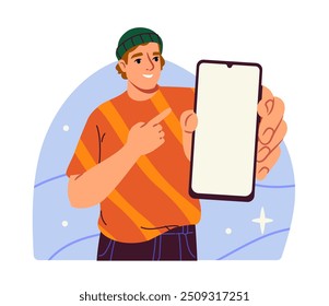 Pessoa mostrando smartphone em branco. Homem com celular à mão. Publicidade e marketing. Espaço de cópia vazio para apresentações e promoções. Ilustração de vetor plano isolada no plano de fundo branco