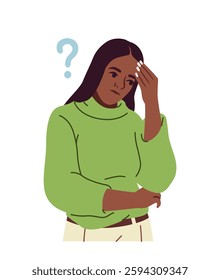 Person showing hand gestures. Pensive young girl or woman holding her head and thinking about solving problem. Character expressing negative emotions. Flat vector illustration isolated on background
