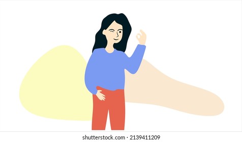 Person showing OK sign with hand. Happy satisfied woman gesturing all right, okay with fingers, approving sth. Positive winking businesswoman. Flat vector illustration isolated on white background