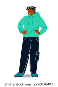 Person Showing Positive Gesture. Smiling guy stands in confident pose and expresses emotion of happiness and calmness. Body language. Cartoon flat vector illustration isolated on white background