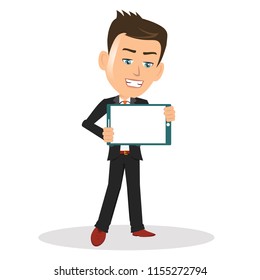Person showing presenting a blank empty tablet screen on his hand template write message text company info and so on