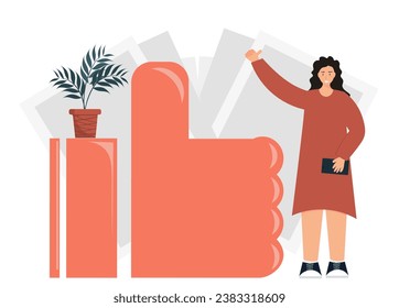 Person showing sigh like, like, rate on social networks, chat in the messenger and comments on the blog, flat vector illustration