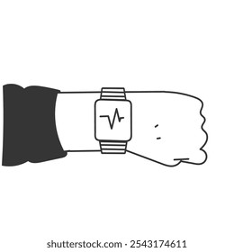 person showing smart watch on wrists in doodle drawn cartoon style