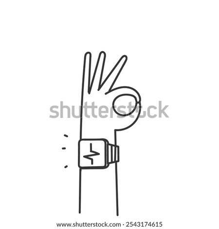 person showing smart watch on wrists in doodle drawn cartoon style