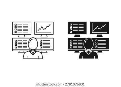 A person is shown from behind, facing multiple computer monitors. The screens display lists of data and a line graph indicating trends. This vector illustration depicts a professional analyzing information.