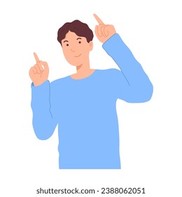 Person shows a finger gesture pointing to blank copy space in right direction. Illustration cartoon man cheerful vector stand smile pointing upward presenting interesting choice of advertising product