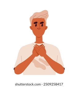 Person shows hand gesture. Man with facial expression and emotions. Guy crossed hands at heart. Communication and interaction. Flat vector illustration isolated on white background