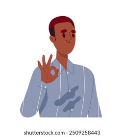 Person shows hand gesture. Man with facial expression and emotions. Guy show okay. Communication and interaction. Body language. Flat vector illustration isolated on white background