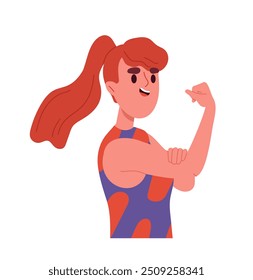 Person shows hand gesture. Woman with facial expression and emotions. Character show bicep. Communication and interaction. Girl Power. Flat vector illustration isolated on white background