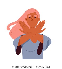 Person shows hand gesture. Woman with facial expression and emotions. Girl cross hands. Communication and interaction. Refuse and reject. Flat vector illustration isolated on white background