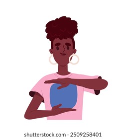 A pessoa mostra um gesto de mão. Mulher com expressão facial e emoções. Quadrado de show feminino. Comunicação e interação. Adolescente da moda. Ilustração de vetor plano isolada no plano de fundo branco