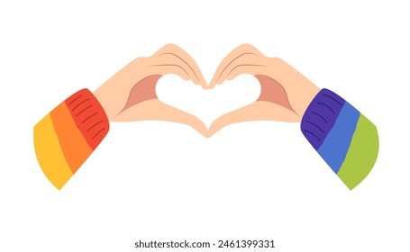 Person shows shape of heart. Hand gesture of love and romantic. Symbol of LGBT solidarity for Pride Month sign with rainbow patterned sweater. Vector illustration isolated on white background