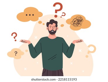 Person shrugging concept. Man does not know answer to question, metaphor for uncertainty and chaos. Emotions, gestures and facial expressions. Poster or banner. Cartoon flat vector illustration