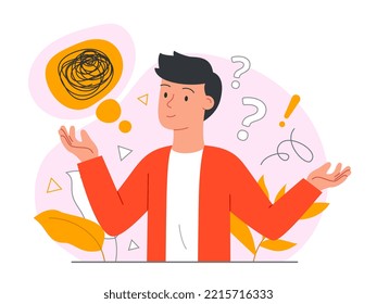 Person shrugging concept. Man thoughtfully spreads his hands to sides. Character doesnt know answer to question. Uncertainty and insecurity. Emotions and expressions. Cartoon flat vector illustration