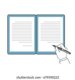 Person sign document with a pen. Businessman holding pen in hand signs contract. Hand draw line art vector illustration.
