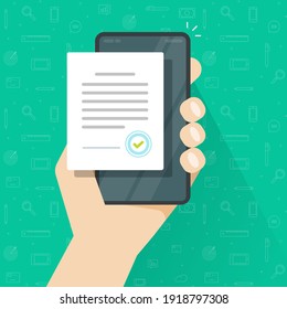 Person signed mobile digital agreement form online or contract document on smart cellular phone with seal stamp vector flat, concept of electronic success partnership deal on smartphone cellphone
