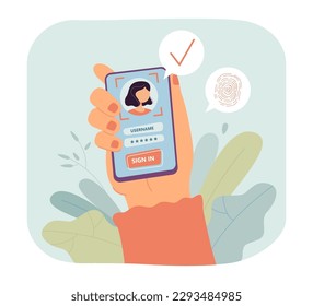Persona que inicia sesión utilizando la ilustración del vector de reconocimiento facial. Dibujo de caricatura de la mano sosteniendo el teléfono y usando escáner de huellas digitales y faciales, foto en pantalla. Tecnología, IA, concepto de seguridad