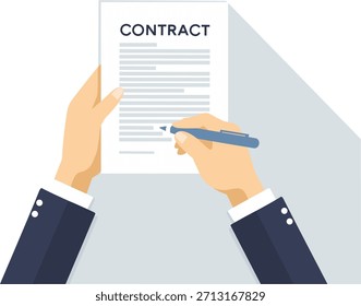 Persona que firma un documento de contrato en papel con un bolígrafo. Ilustración vectorial plana en estilo Corporativa de Memphis. Acuerdo de negocios, sociedad y concepto legal aislado sobre fondo blanco.
