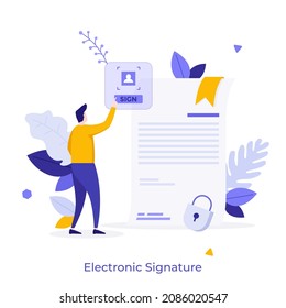 Person signing document or agreement with electronic signature. Concept of e-signature for commerce, cryptographic authentication of signatory. Modern flat vector illustration for banner, poster.