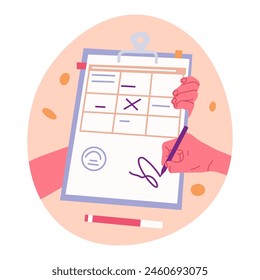 Person signing documents. Human hand filling paper or agenda list flat vector illustration. Paperwork concept