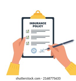 Person Signs An Insurance Policy Holding Clipboard In Hand. Man Signature Form. Claim Form. Insurance Policy On Clipboard. Vector Illustration