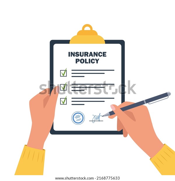 Person signs an insurance policy holding\
clipboard in hand. Man signature form. Claim form. Insurance policy\
on clipboard. Vector\
illustration