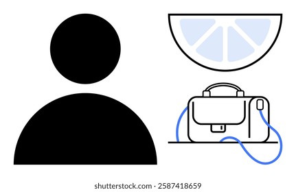 Person silhouette beside citrus slice and briefcase. Ideal for business, productivity, fresh ideas, entrepreneurship, work-life balance, office themes, professional growth. Line metaphor