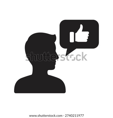 Person silhouette speaking speech bubble with thumbs up icon representing positive verbal feedback approval recommendation testimonial praise