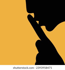 A person in silhouette with their index finger underneath their lip, be quiet sign
